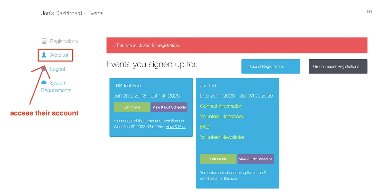 Screenshot showing the volunteer&#39;s dashboard view after admin login