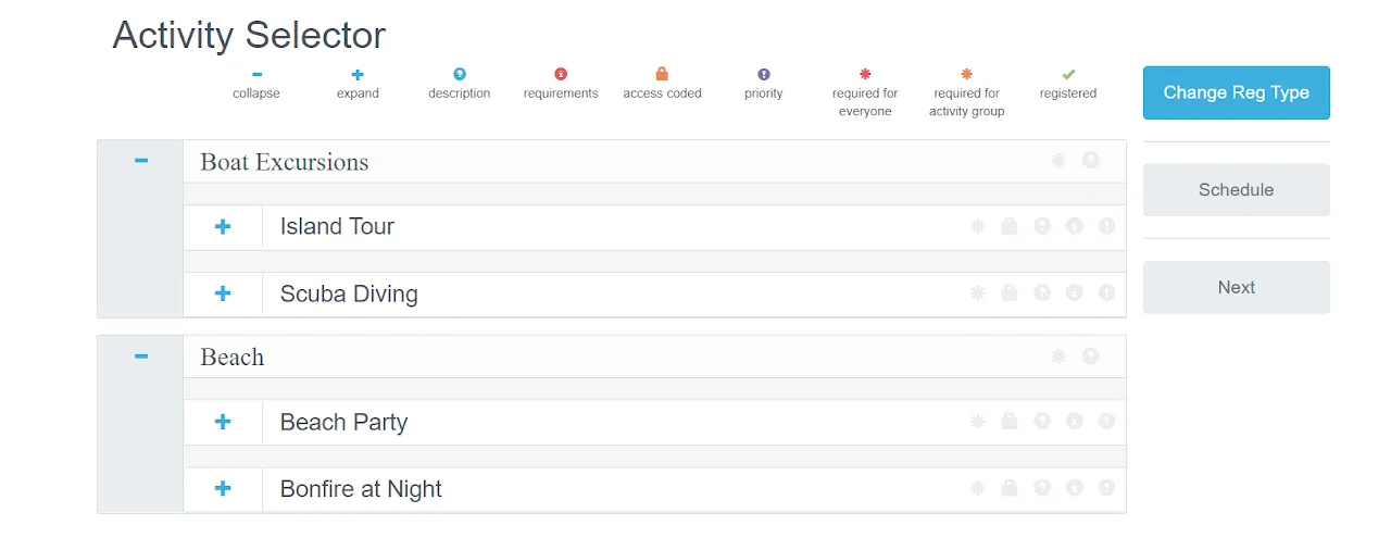 Example of Activity Groups &#39;Boat Excursions&#39; and &#39;Beach&#39; shown on the myTRS registration front-end