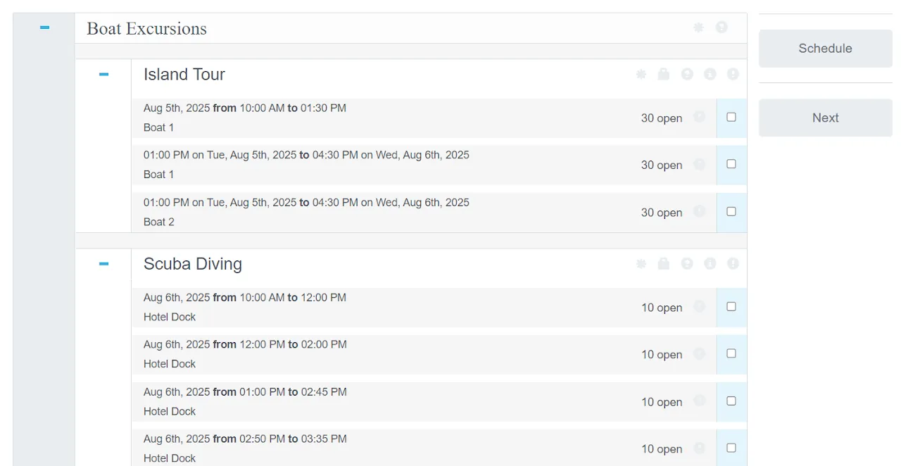 Example showing the &#39;Boat Excursions&#39; Activity Group expanded to reveal &#39;Island Tour&#39; and &#39;Scuba Diving&#39; activities with time slots