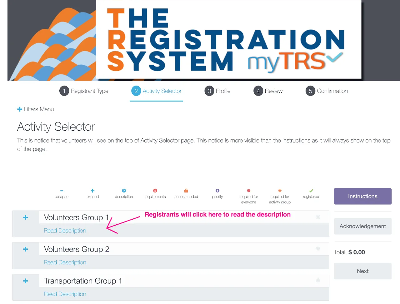 Example showing an Activity Group description displayed inline on the myTRS registration front-end