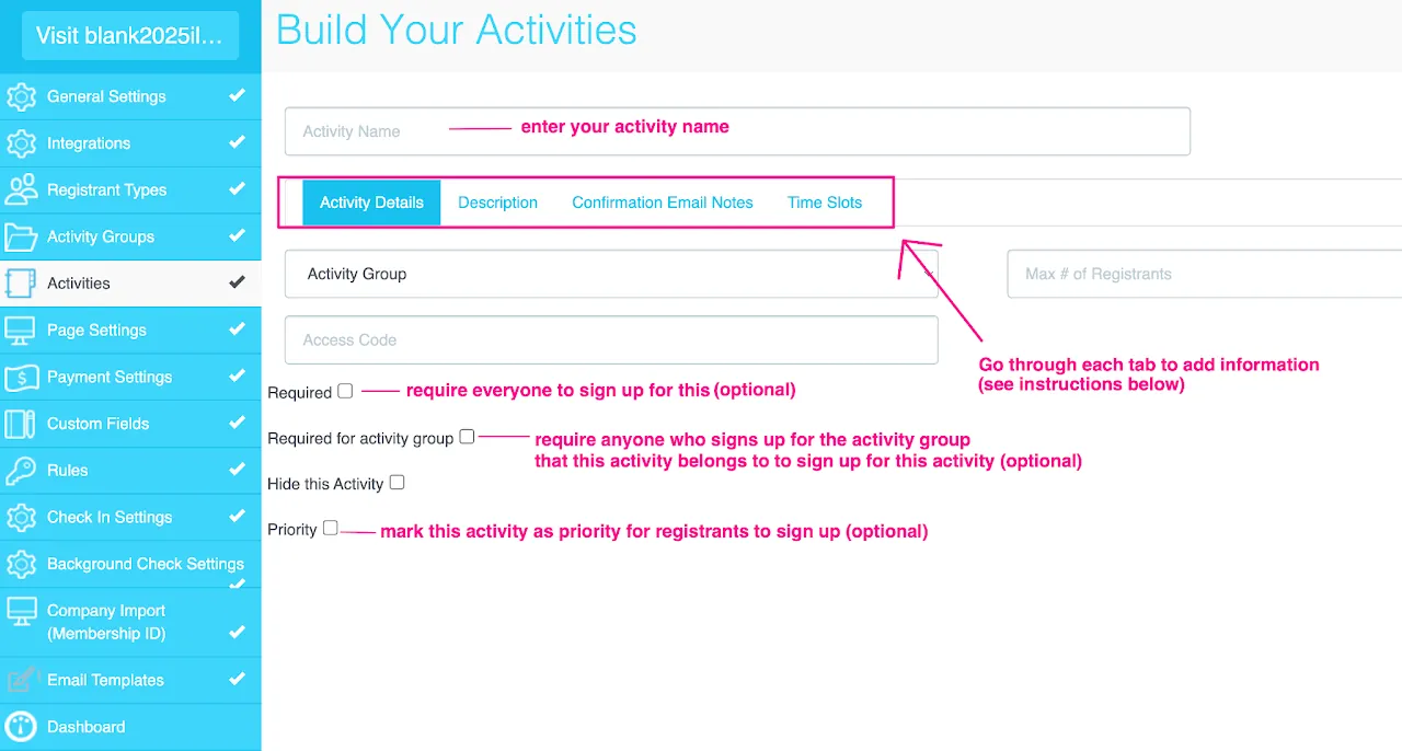 Screenshot of the &#39;New Activity&#39; setup screen in myTRS with tabs for Details, Description, Confirmation email notes, etc.
