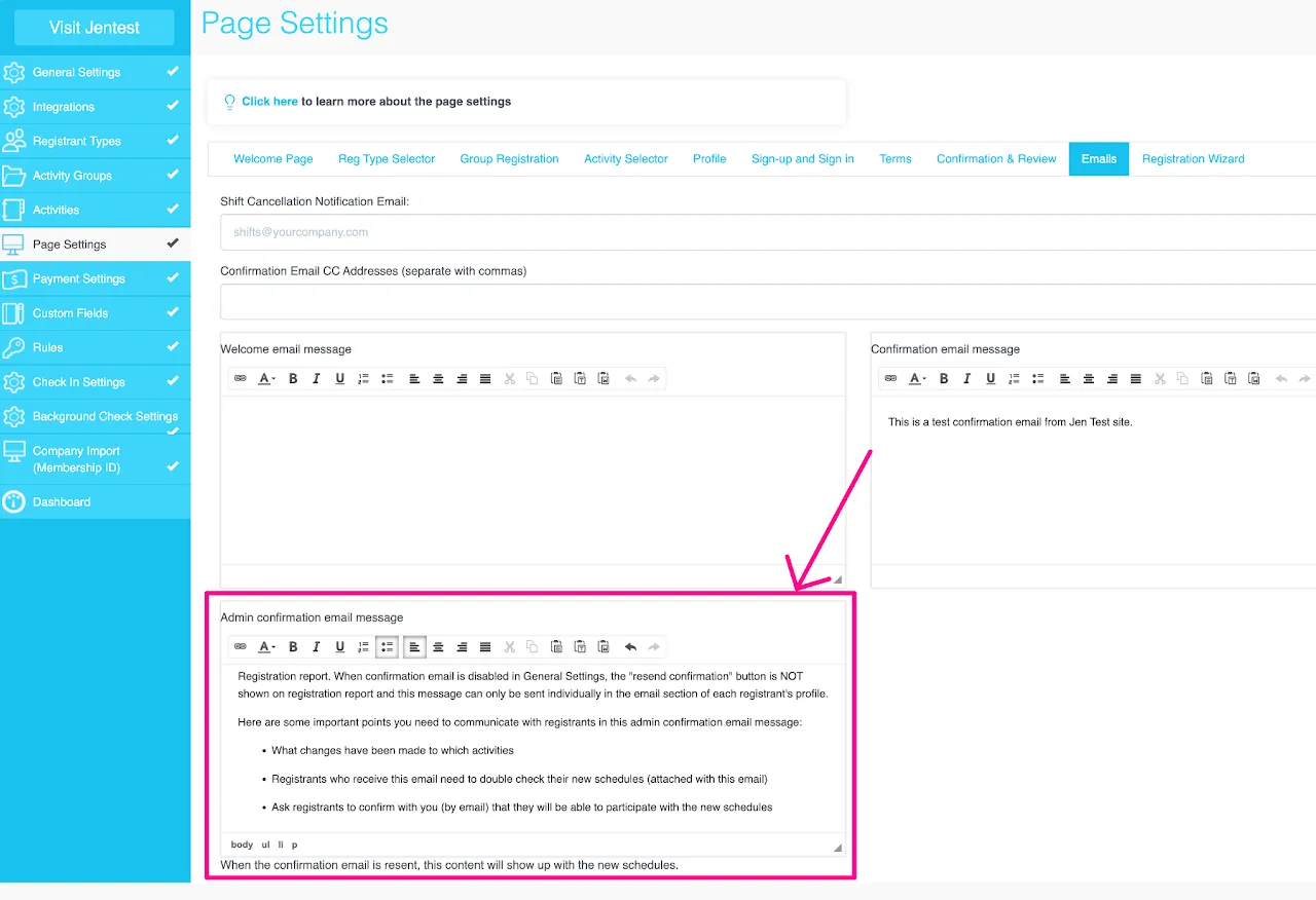 Screenshot showing the &#39;Admin Confirmation Email message&#39; editor in myTRS Page Settings &gt; Emails tab
