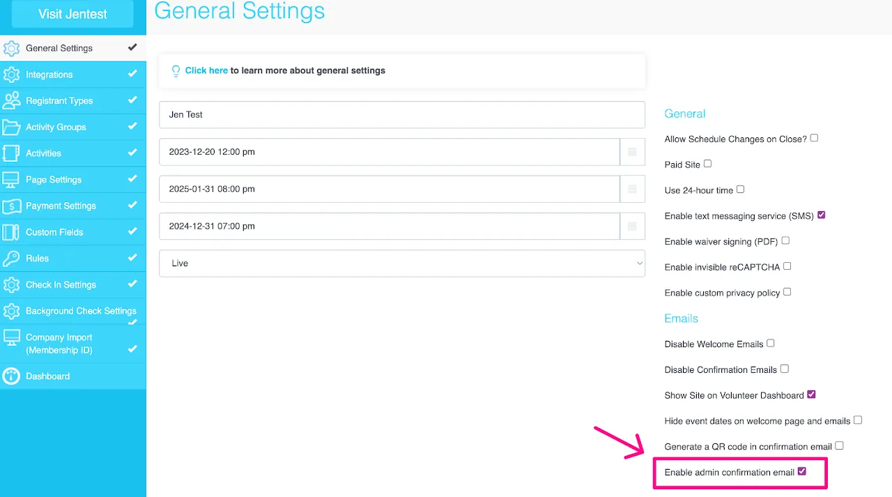 Screenshot highlighting the &#39;Enable admin confirmation email&#39; toggle in myTRS General Settings