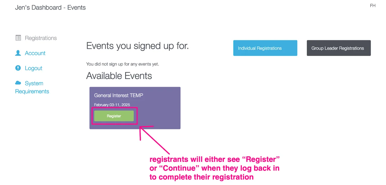 Screenshot showing registrant login interface to continue registration