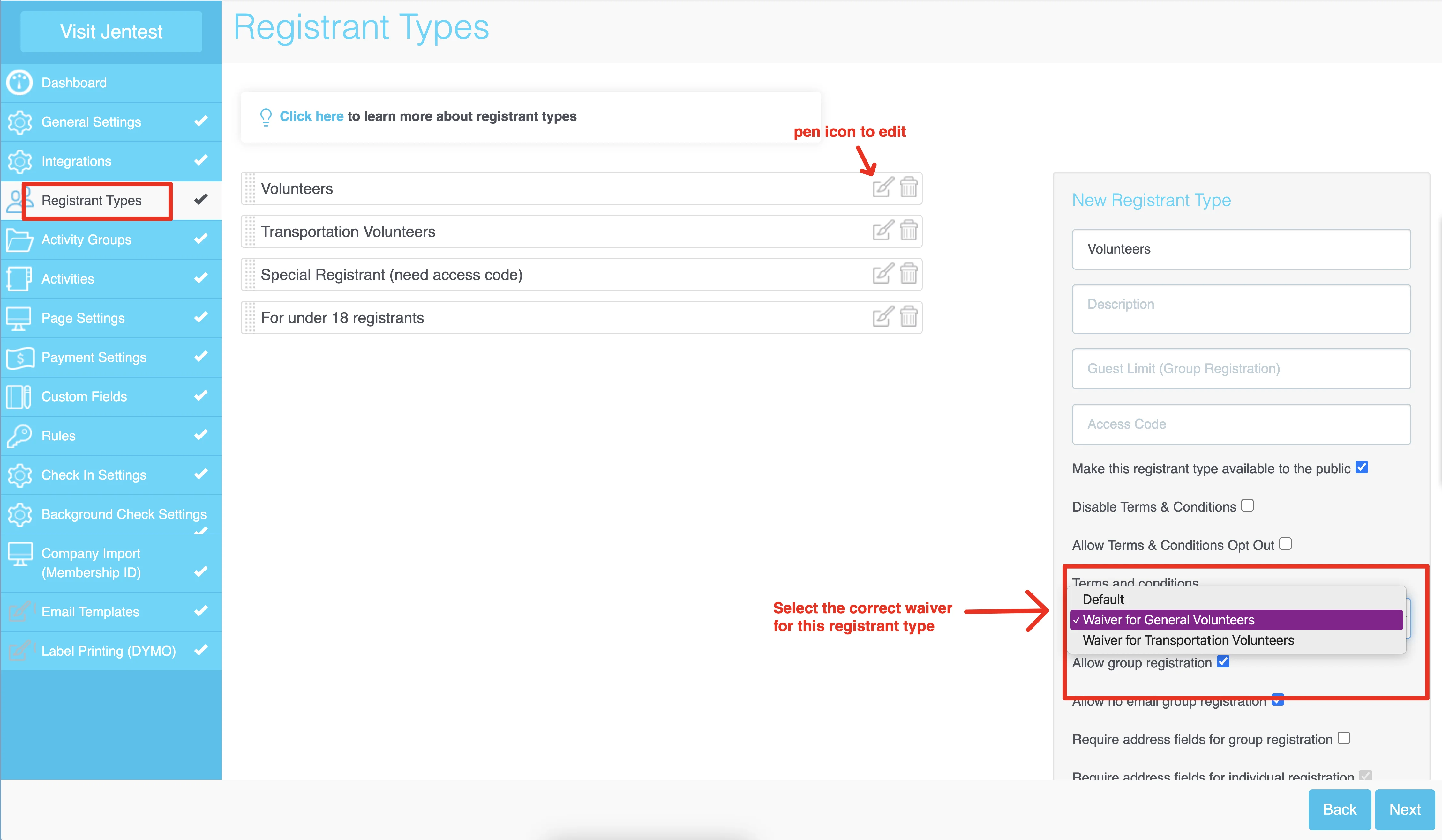 Screenshot showing how to assign specific waivers to registrant types in the Registrant Types section