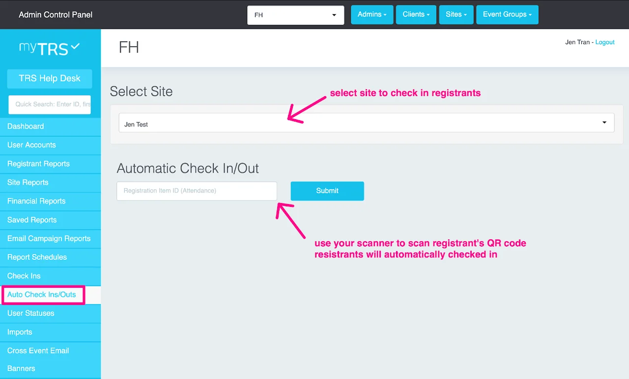 Auto Check Ins/Outs interface showing site selection dropdown and QR code scanning field