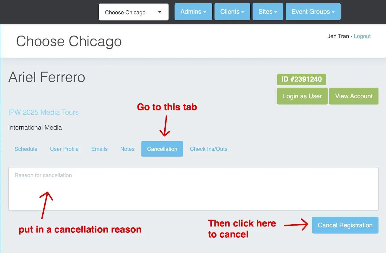 Cancellation tab interface for canceling registrations
