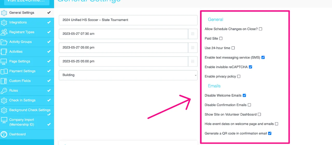 Screenshot highlighting the various checkbox options within myTRS General Settings