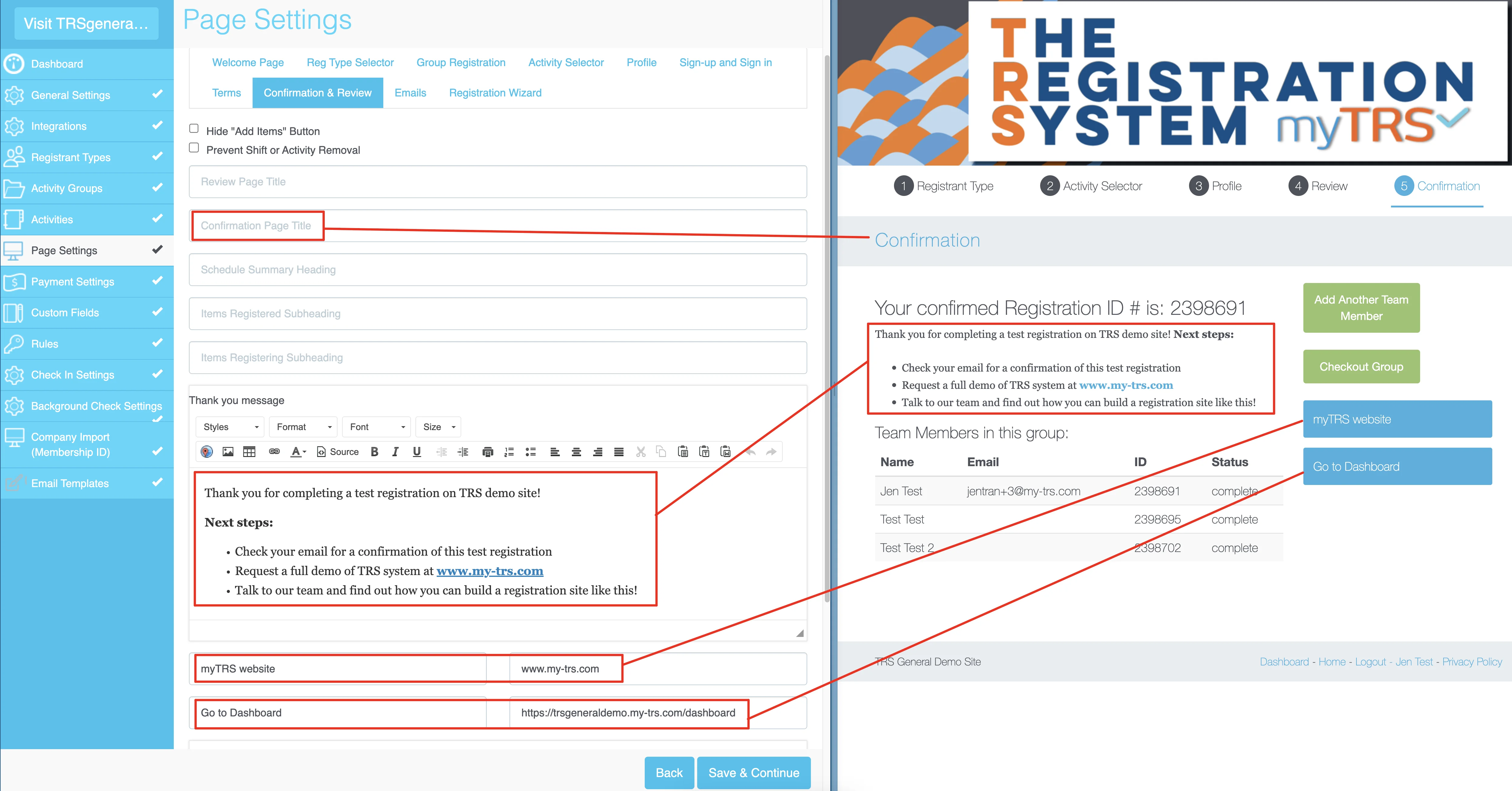 Screenshot showing how to customize the Confirmation page title and wording in Page Settings