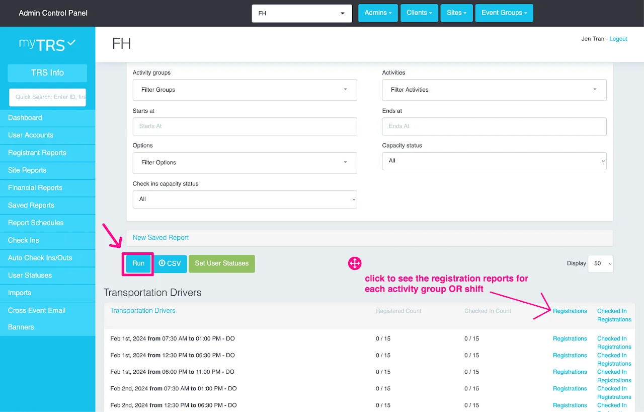Contact registrants interface from Availability Report