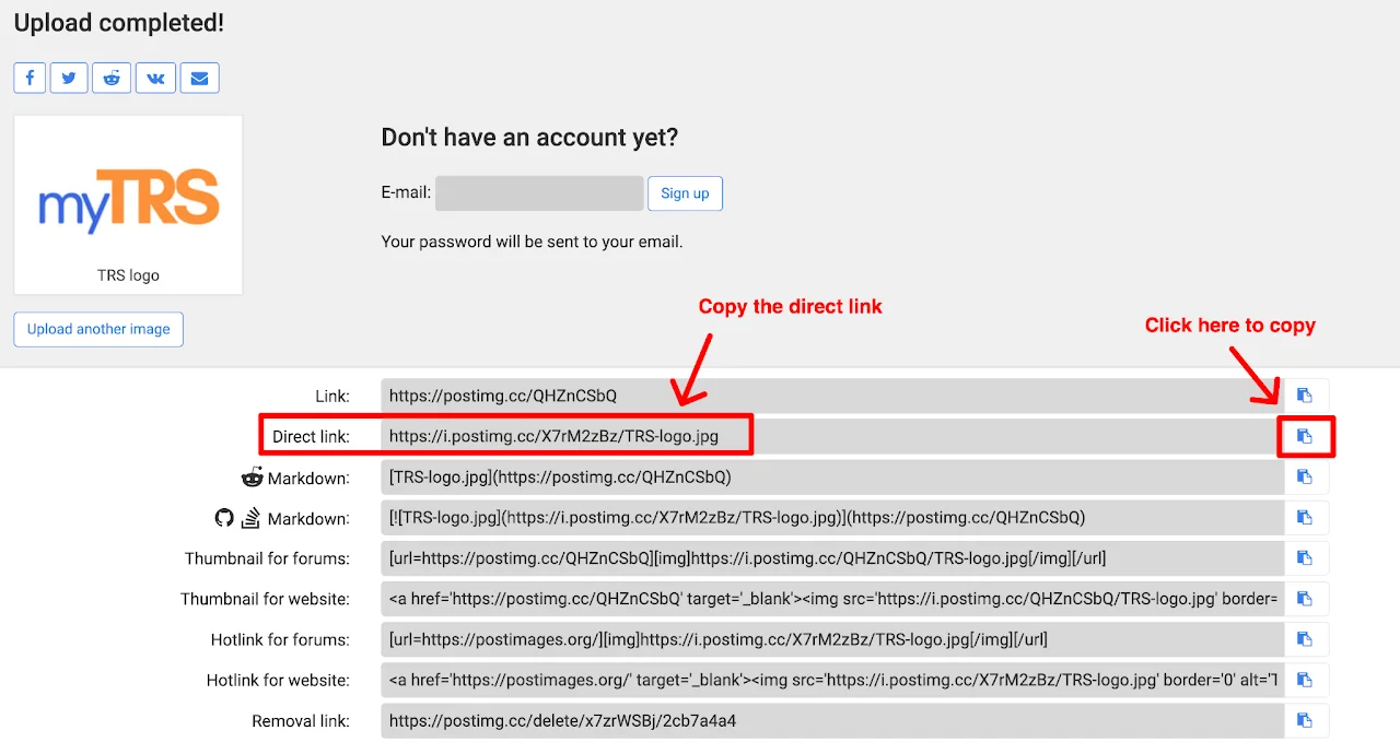 Screenshot showing copy direct image URL option in image hosting service