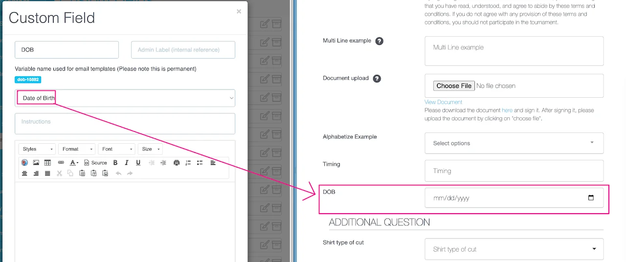 Screenshot showing the Date of Birth custom field format for collecting birth date information