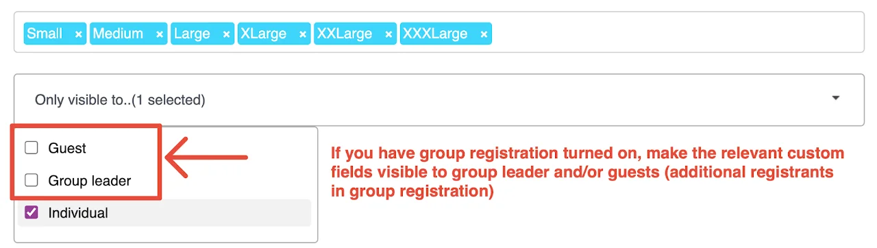 Screenshot showing custom field visibility settings for Individual, guest, and group leader access