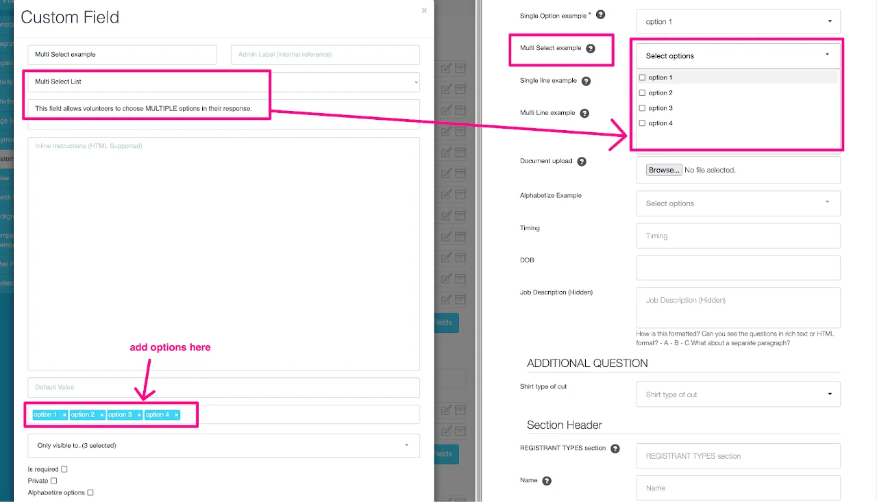 Screenshot showing the Multi Select List custom field format that allows registrants to select multiple options
