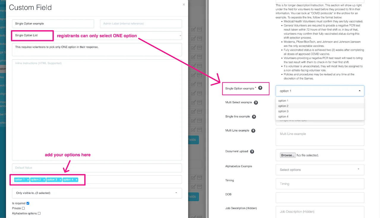 single option list