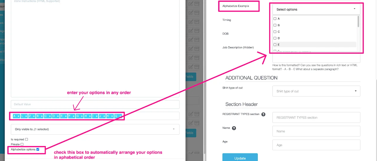 Screenshot highlighting the &#39;Alphabetize options&#39; checkbox for organizing choice question options