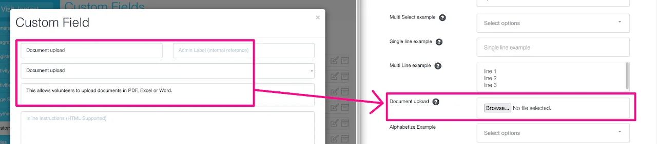 Screenshot showing the Document Upload format that allows volunteers to upload PDF, Excel or Word files