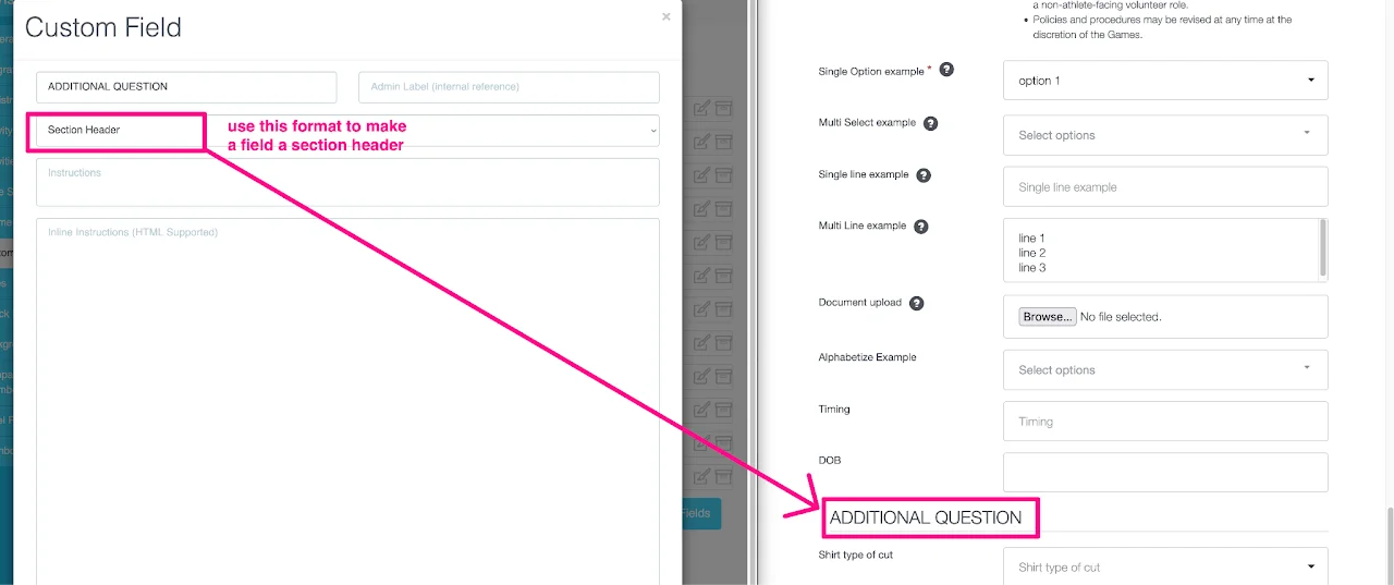 Screenshot showing how to create a section header to separate different sets of questions