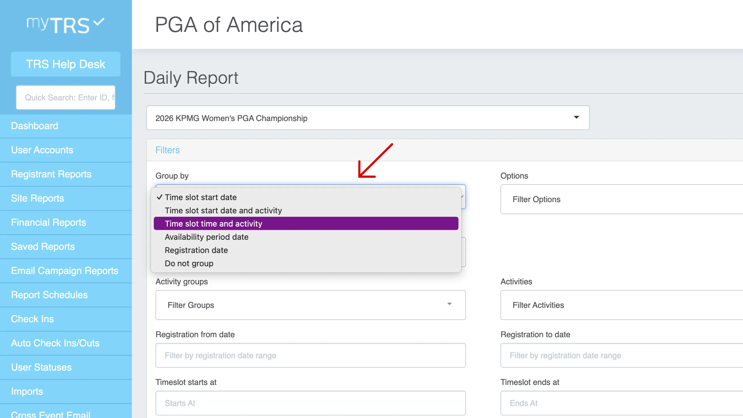Daily Report grouped by time slot and activity