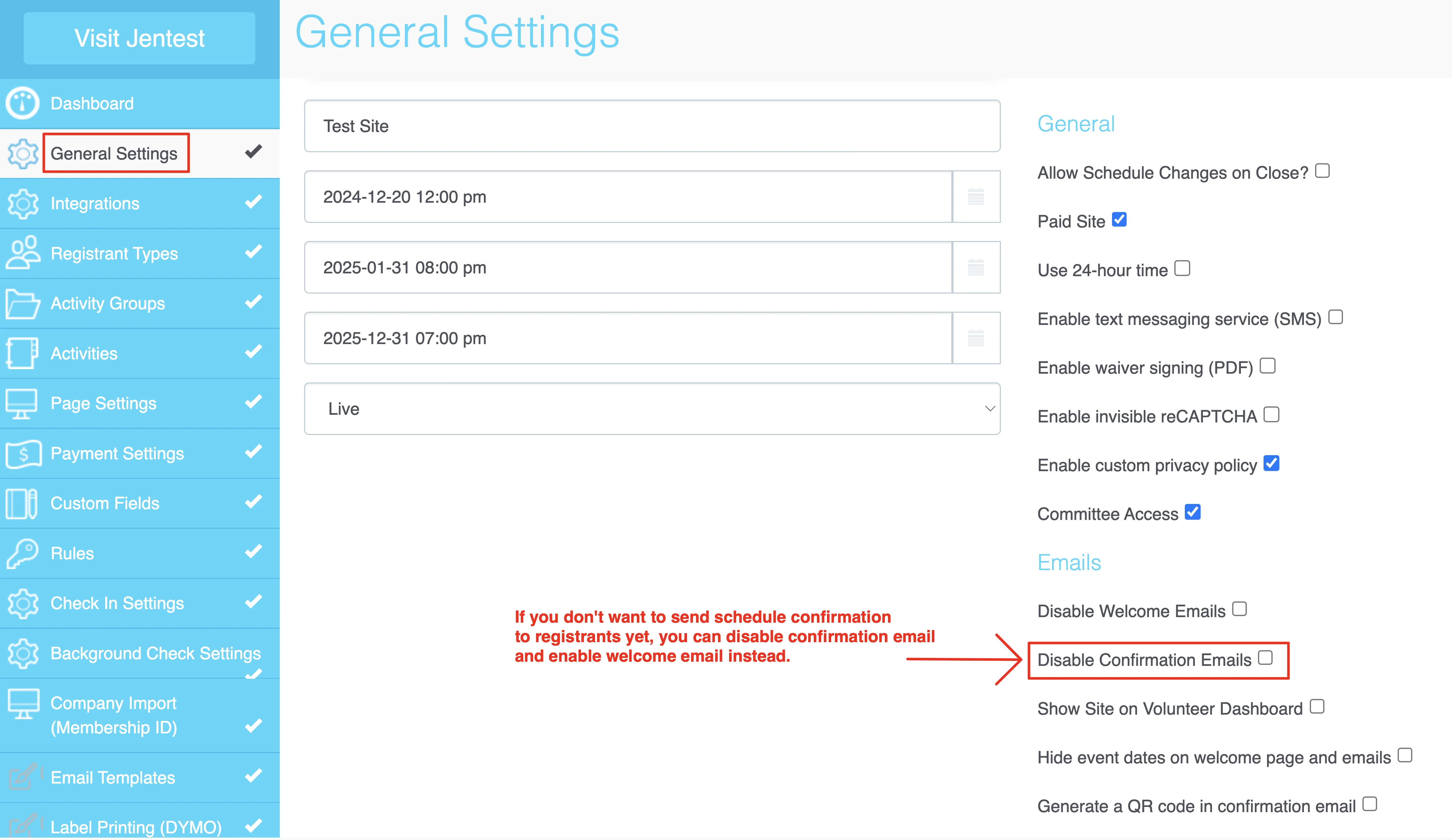 Screenshot showing the &#39;Disable Welcome Email&#39; checkbox in General Settings to prevent registrant confusion