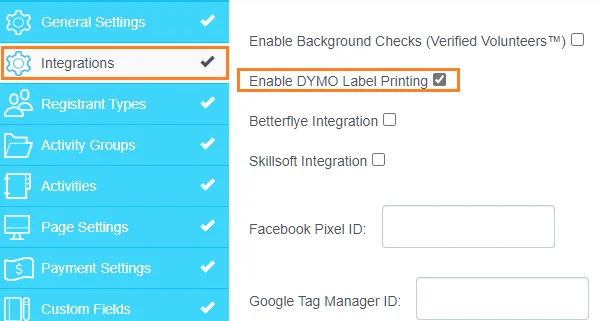 Screenshot showing how to enable DYMO Label Printing in the Integrations section