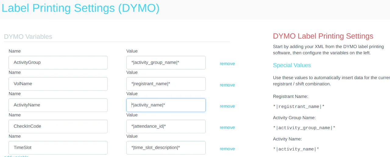 Screenshot showing how to configure DYMO Variables by matching name and value fields