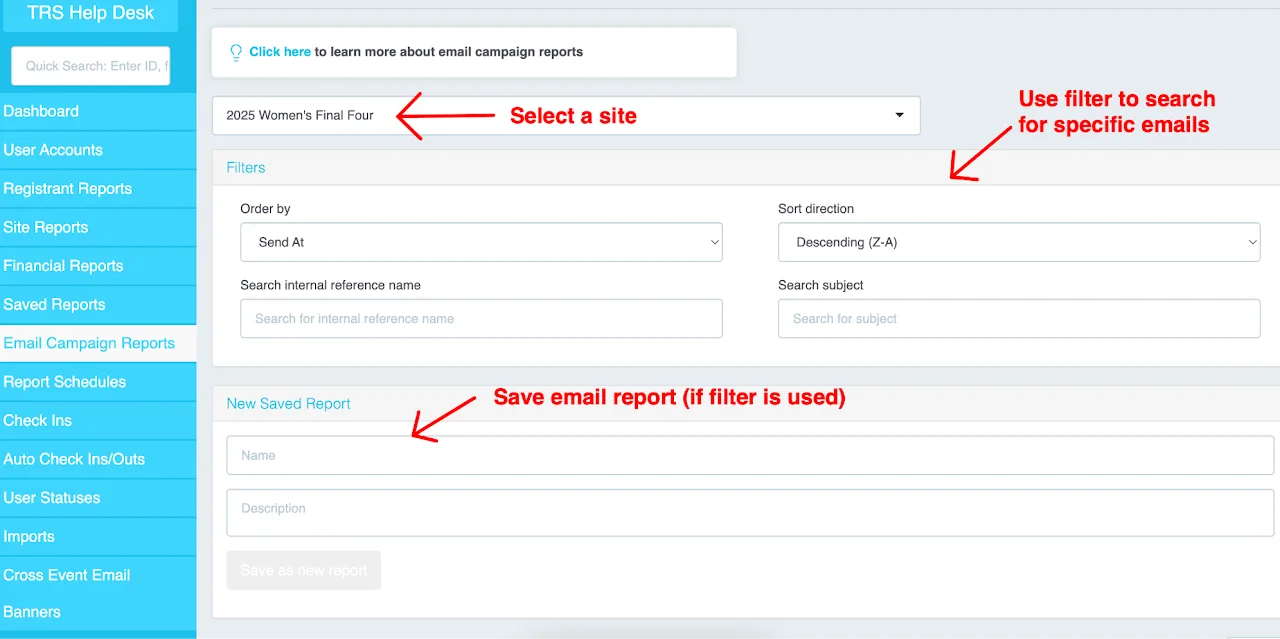 Email Campaign Report showing email history and statistics