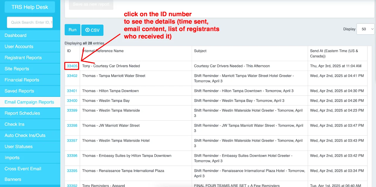 Email ID number and campaign details view