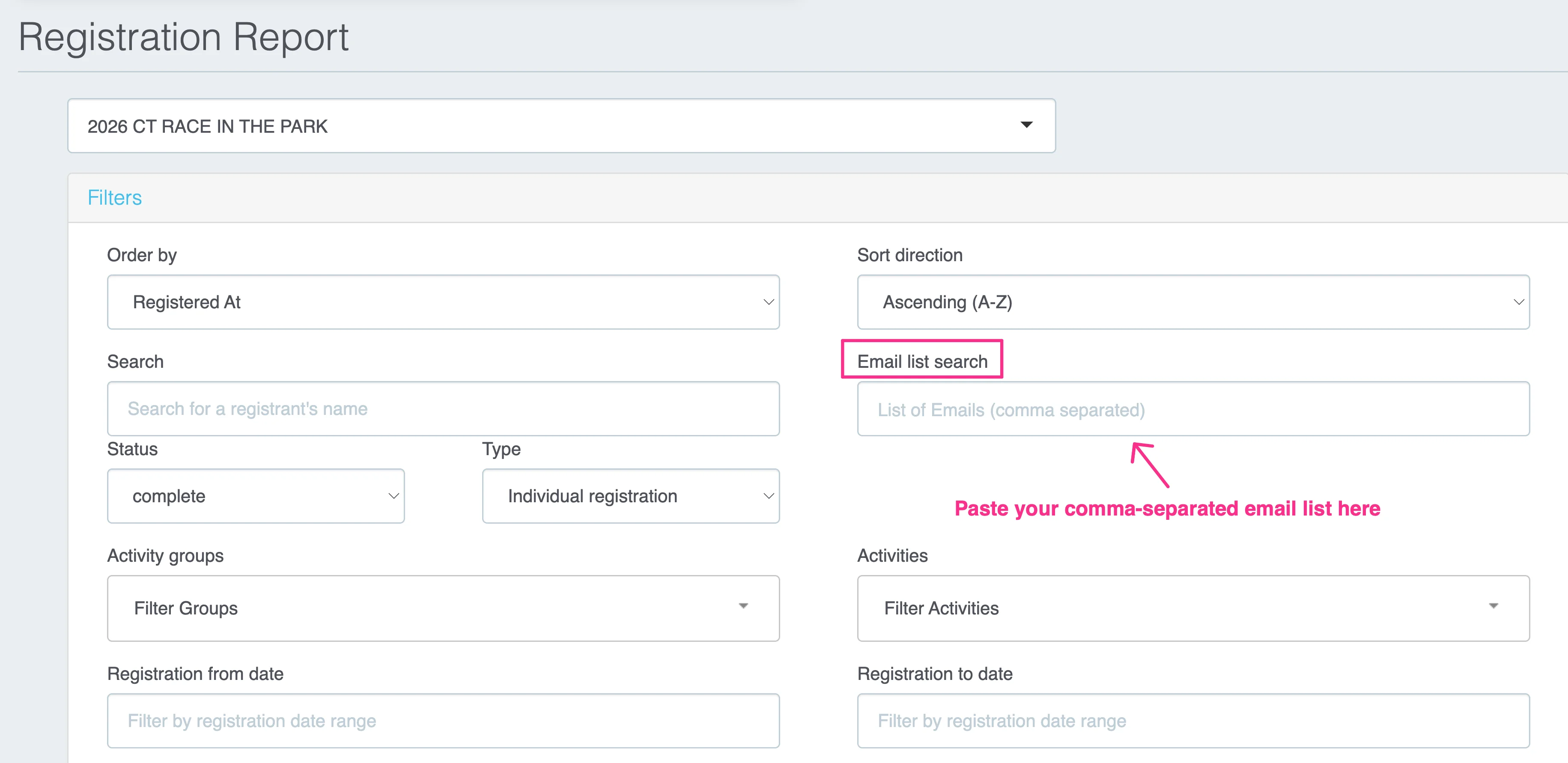 Email List Search filter interface