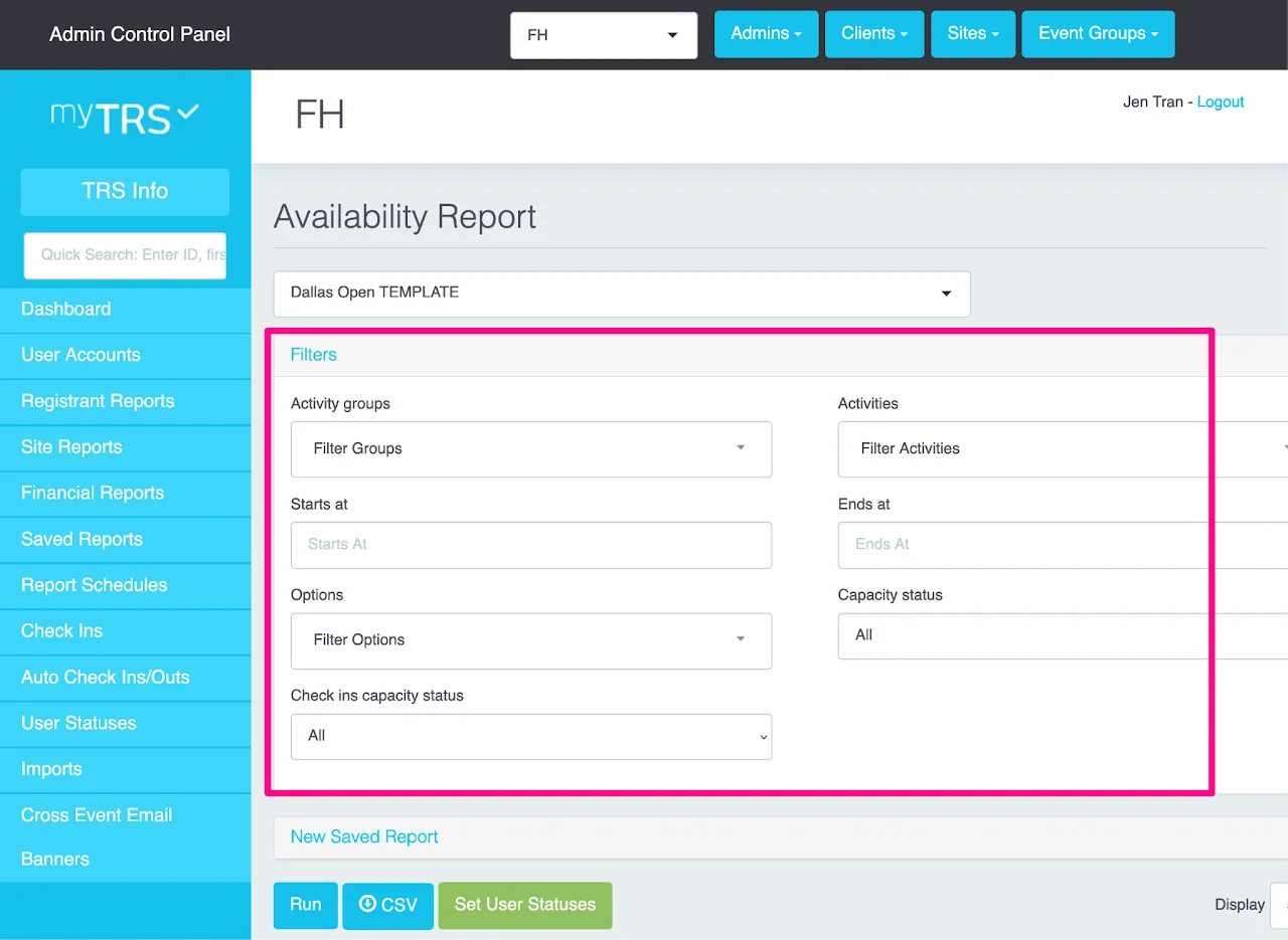 Filters interface for Availability Report