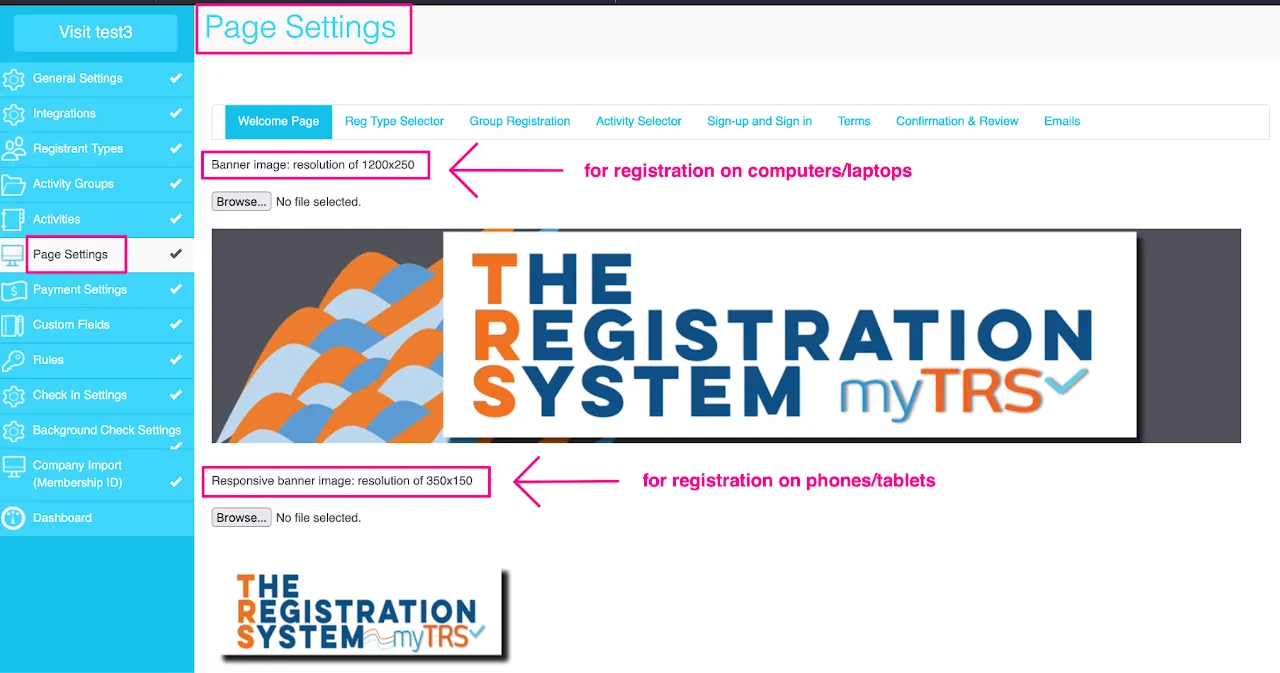 Screenshot of the myTRS Page Settings showing the banner upload section with &#39;Browse&#39; buttons