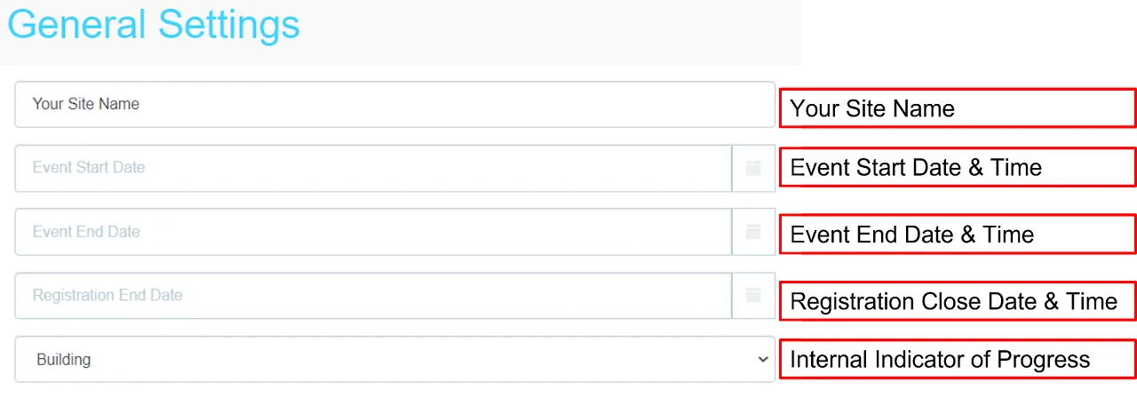 Screenshot of the myTRS General Settings showing fields for Site Name, Event Start Date, Event End Date, and Registration End Date