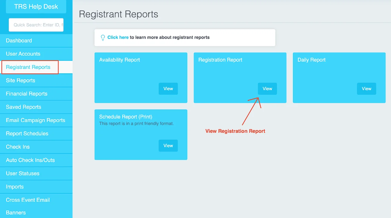 Screenshot showing navigation to Registration Report in the admin dashboard