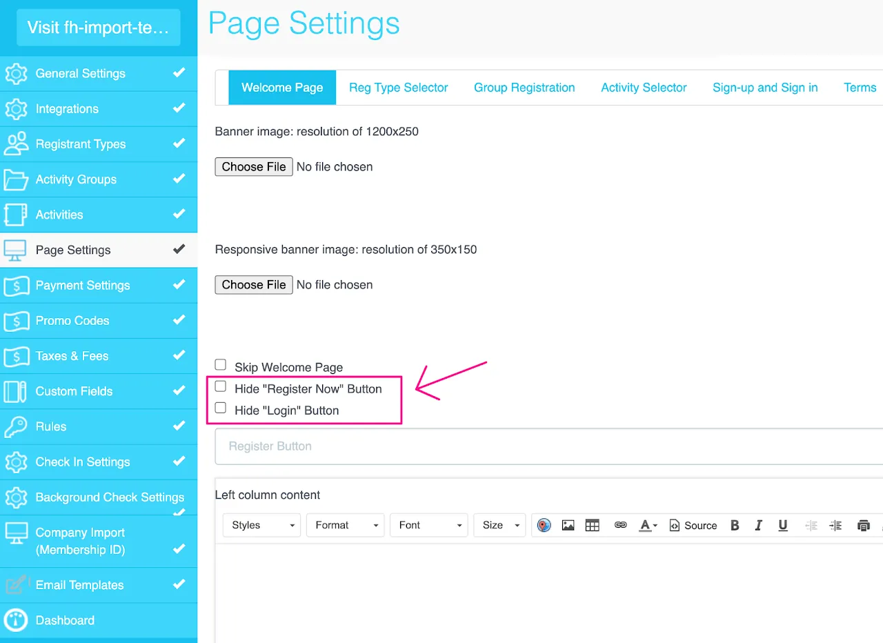 Screenshot of myTRS Page Settings &gt; Welcome Page tab, highlighting the checkboxes to hide the &#39;Login&#39; and &#39;Register Now&#39; buttons