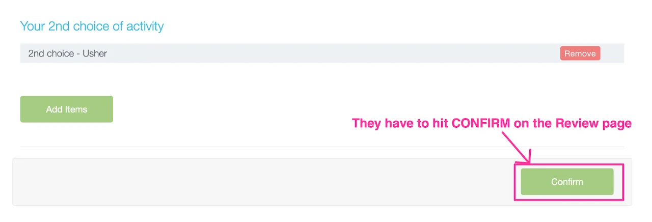 Screenshot showing the confirm schedules button on Review &amp; Check Out page