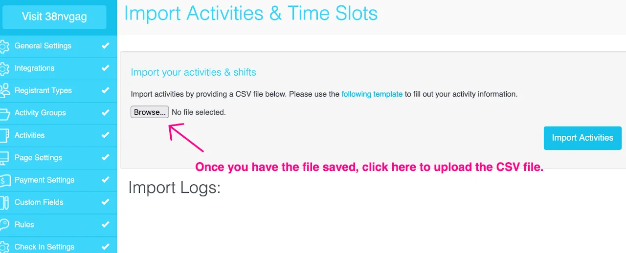 Screenshot of the &#39;Import Activities&#39; interface in myTRS, showing the &#39;Choose File&#39; and &#39;Import Activities&#39; buttons