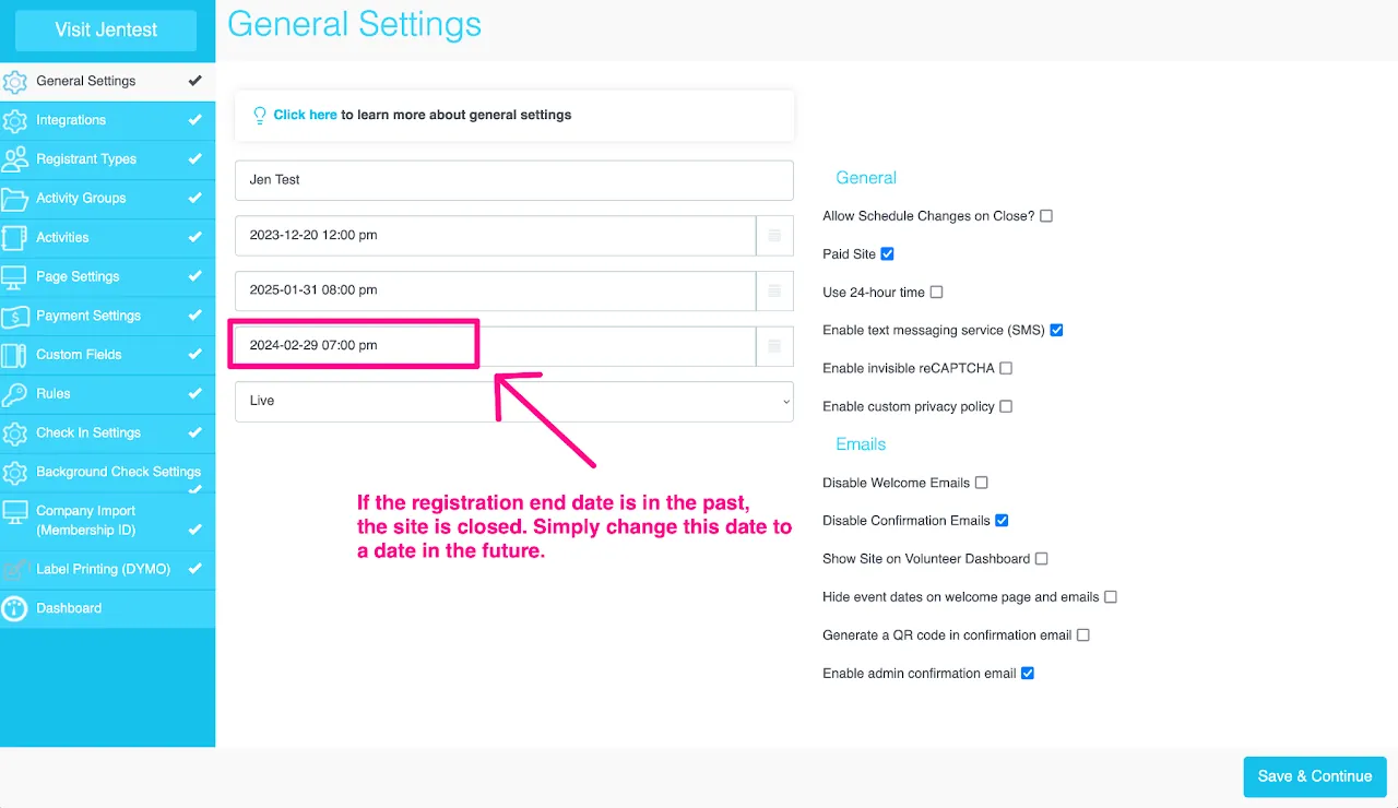 Screenshot of the General Settings page in the myTRS admin interface