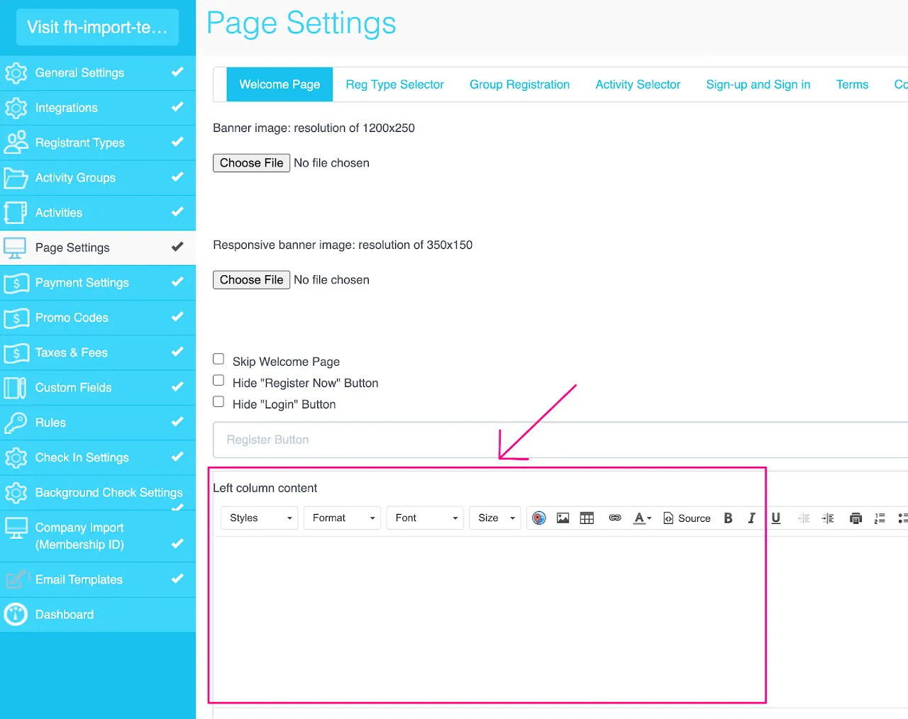 Screenshot of the myTRS Page Settings showing the &#39;Left column content&#39; rich text editor