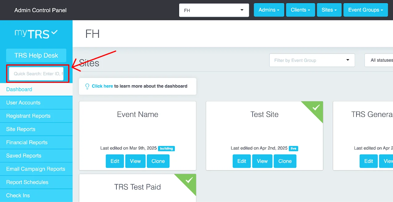 Quick search bar location on Dashboard