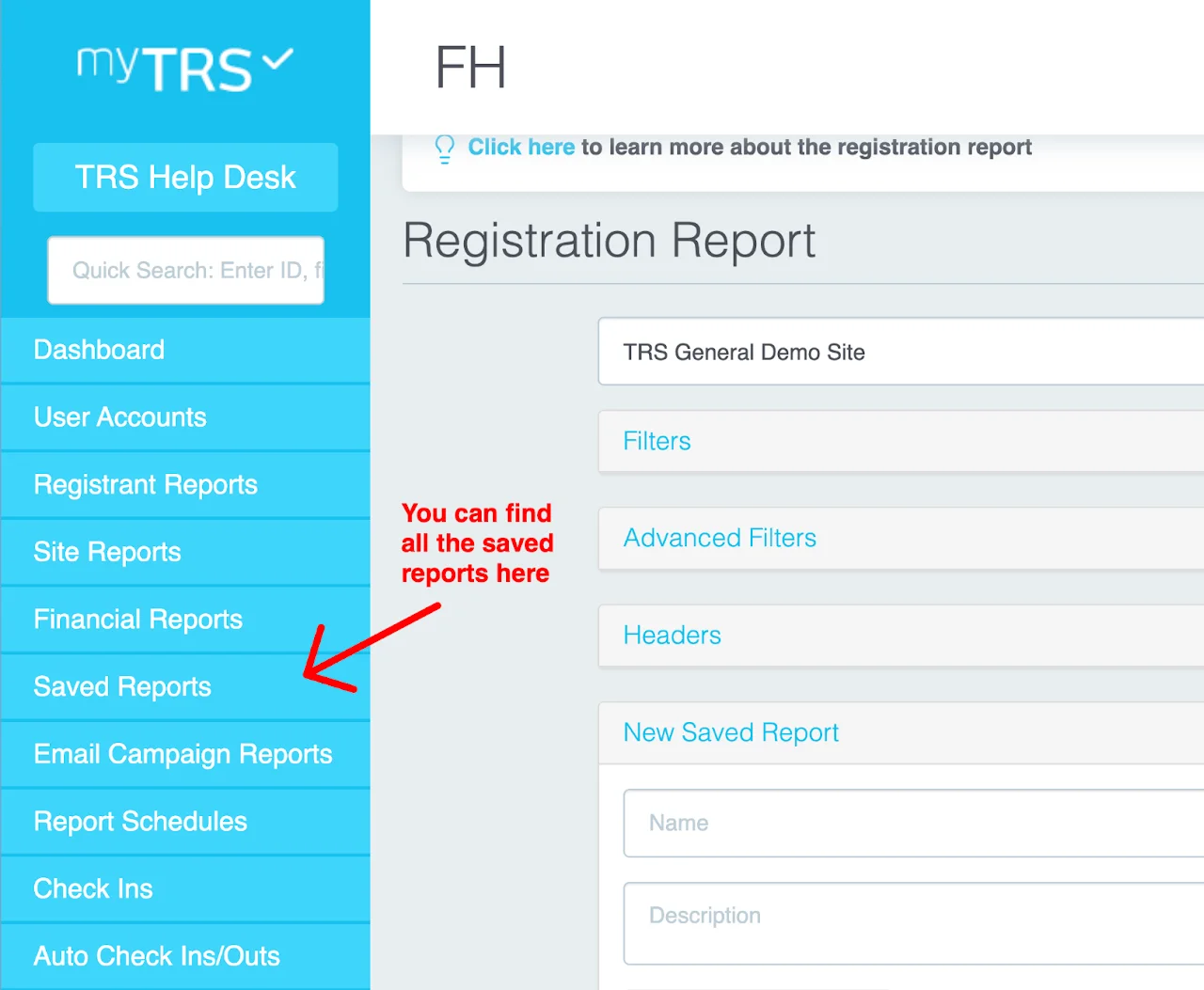 Locate saved reports in left navigation menu