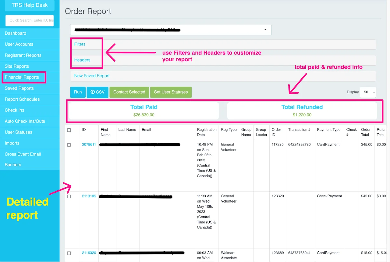 Order Report interface in Financial Reports section
