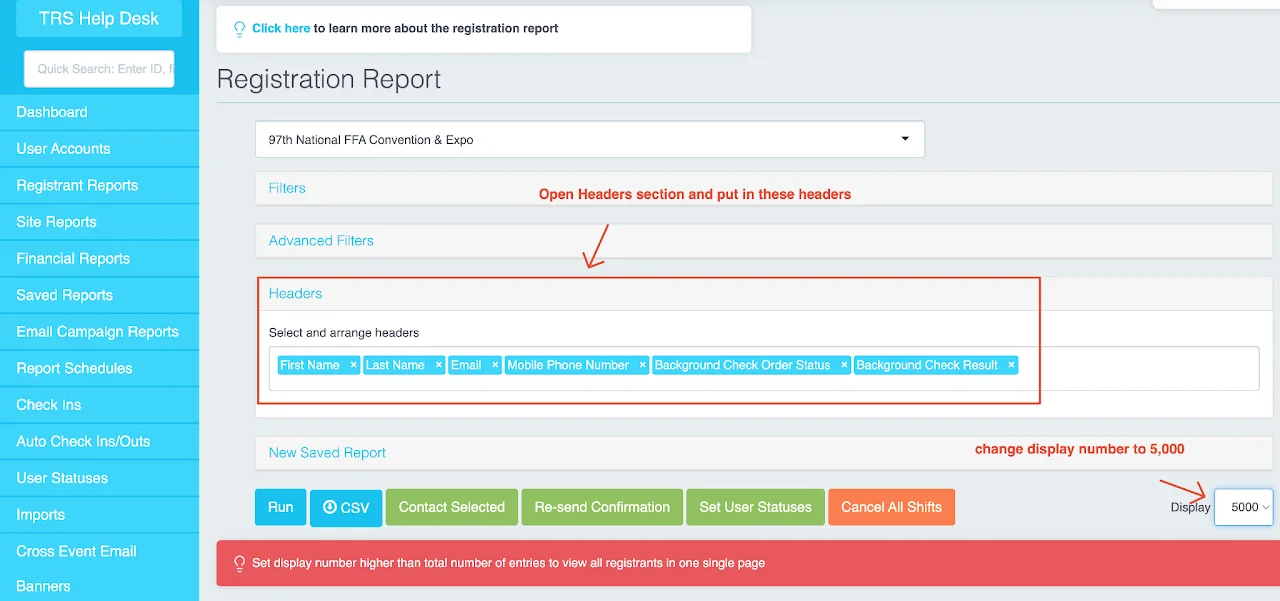 Screenshot showing relevant headers selection for background check report