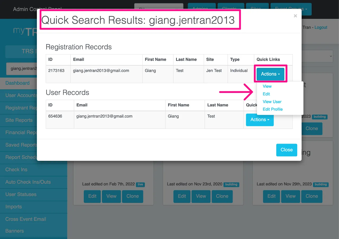 Screenshot showing example &#39;Quick Search&#39; results with registrant details and an &#39;Actions&#39; button