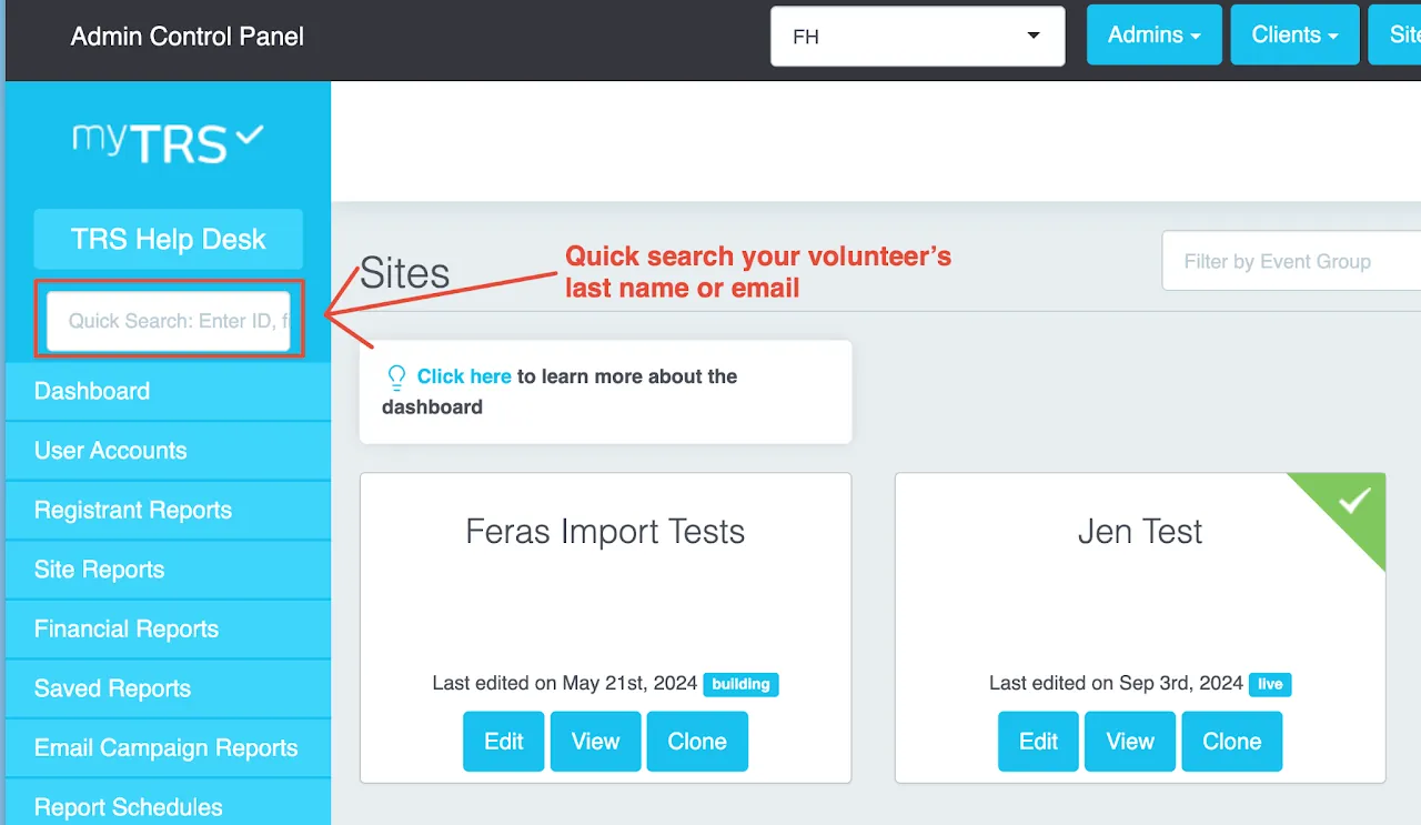 Screenshot showing the quick search bar in the myTRS admin dashboard