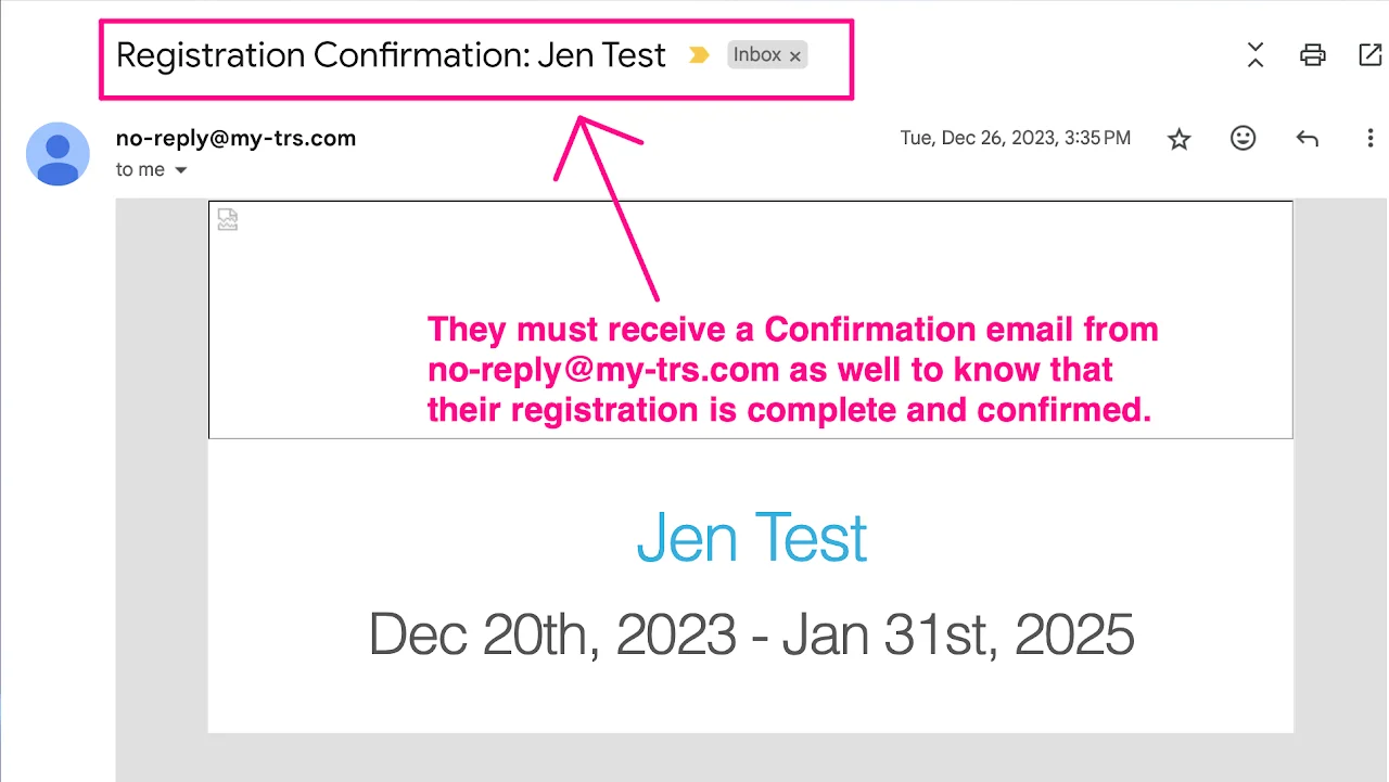 Screenshot showing registration confirmation email example