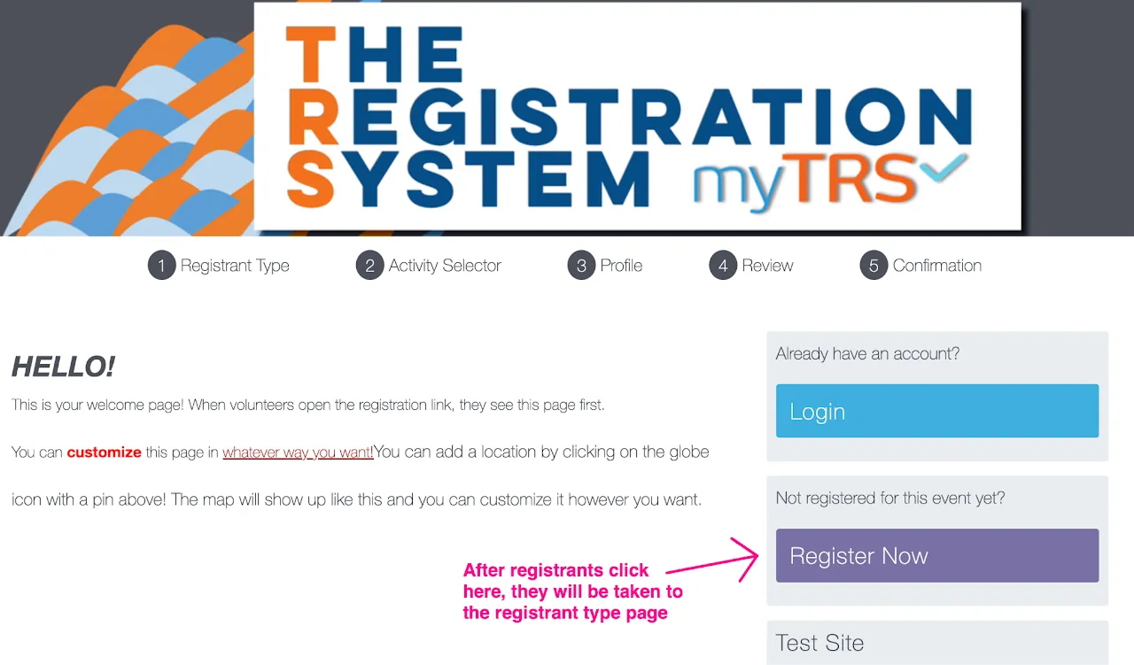 Screenshot highlighting the &#39;Register Now&#39; button on the myTRS Welcome Page
