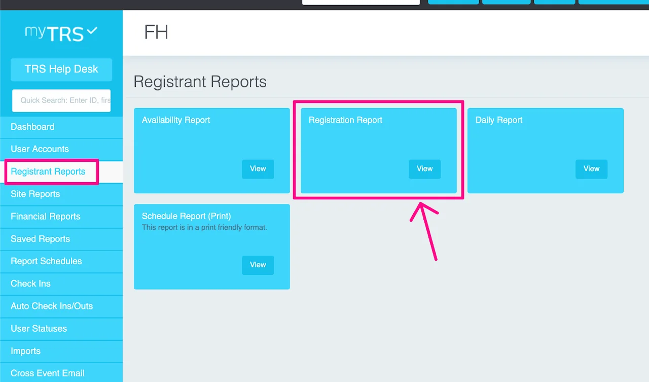 Registrant Reports menu showing Registration Report option