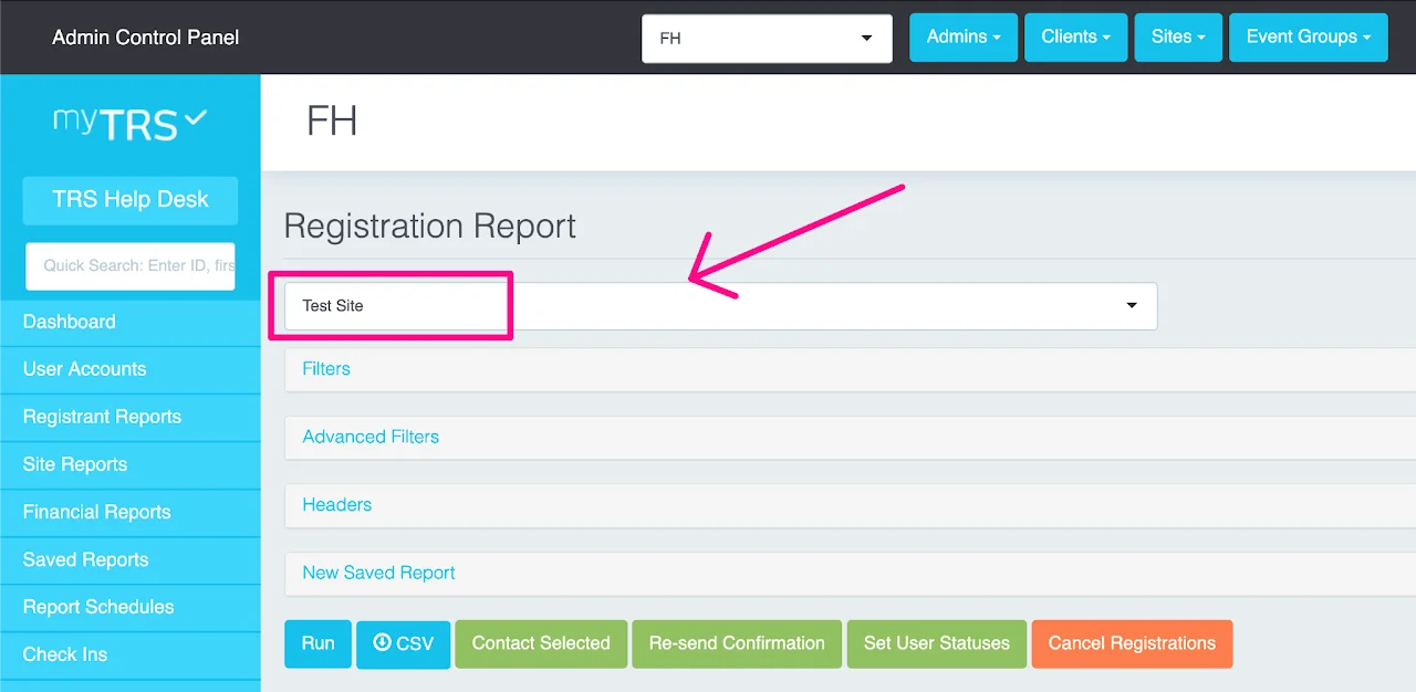 Registration Report site selection dropdown