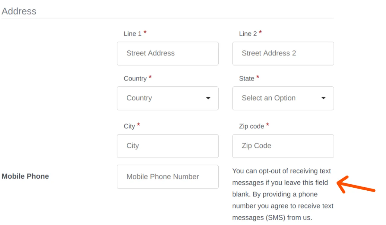 Example screenshot of the registration form showing the optional mobile phone number field for SMS opt-in