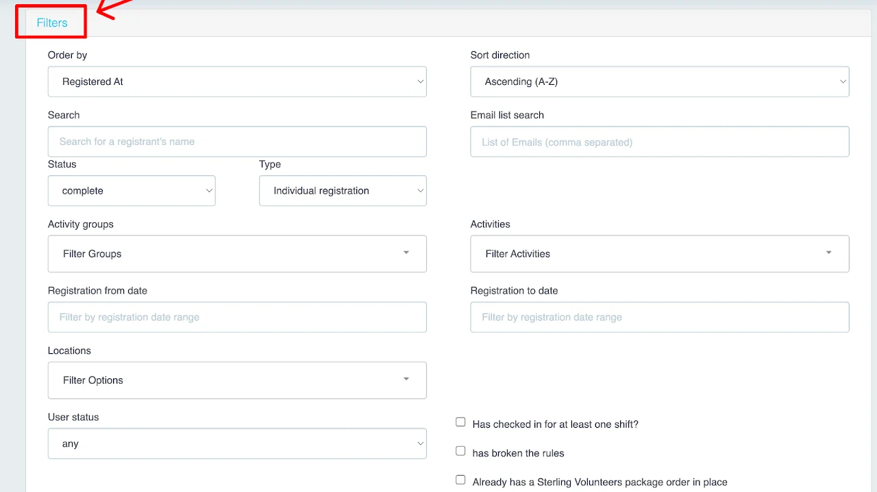 Registration Report filters interface